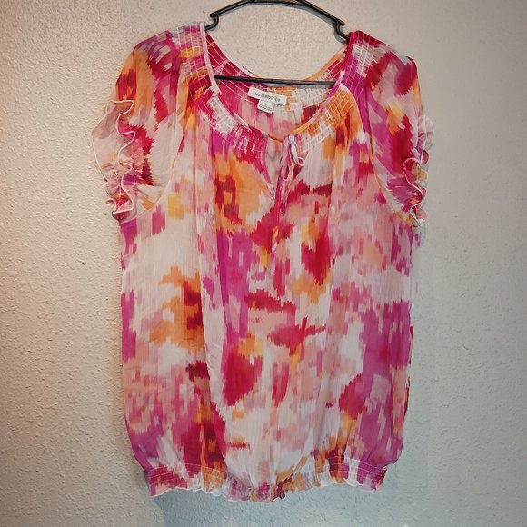 Liz Claiborne soft Bright neon pink Watercolor Peasant top blouse size Large LG - Picture 1 of 5